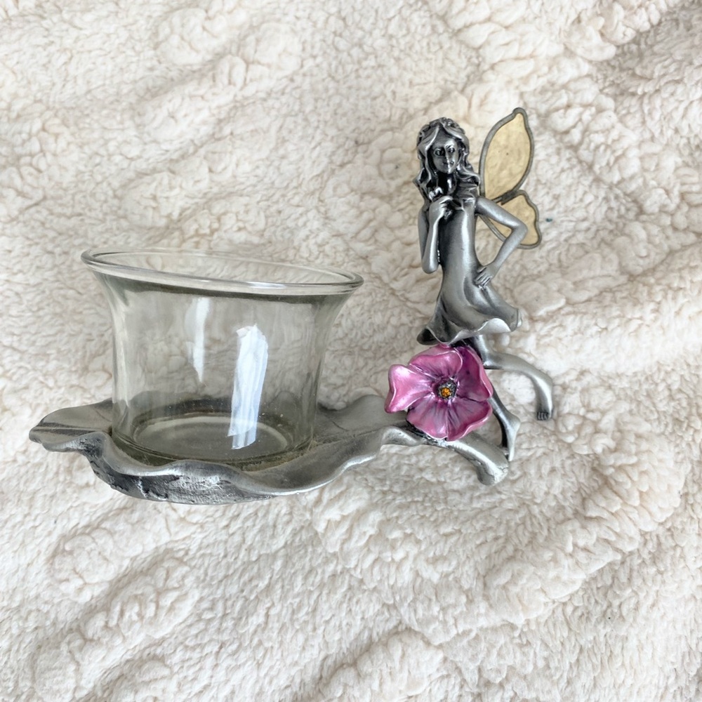 Enchanted Silver Fairy Candle Holder with Pink Blossom